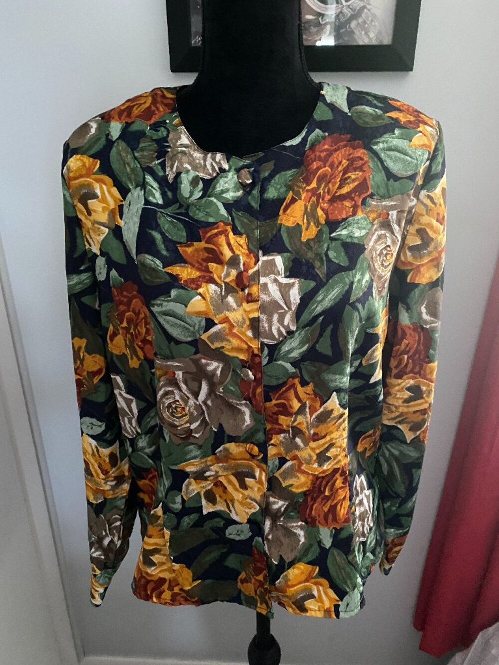 Vintage Camille Claudel Long Sleeve Rose Design Button Up Polyester Blouse Large